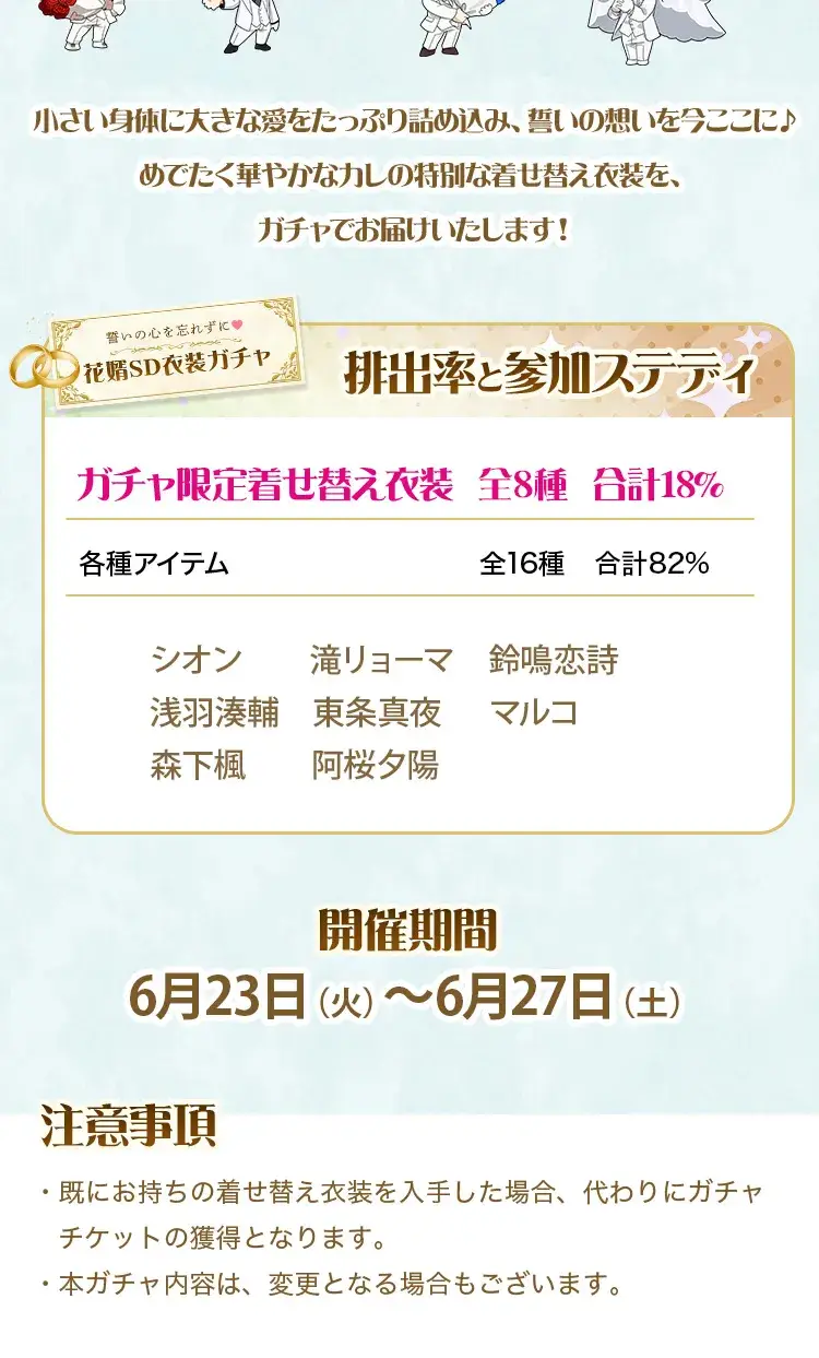 【ガチャお知らせ】誓いの心を忘れずに♡花婿SD衣装ガチャ②