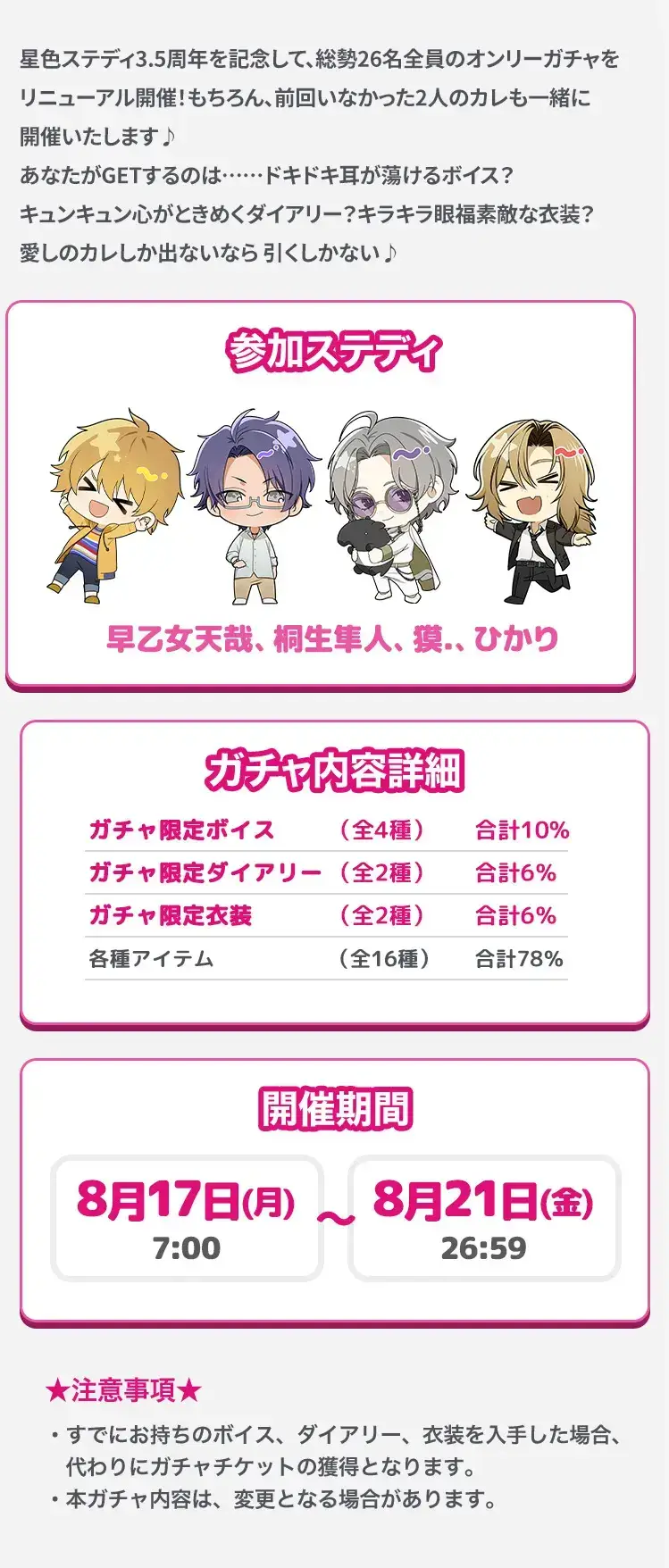 【ガチャお知らせ】3.5 Anniversary記念!帰ってきた!オールステディオンリーガチャ!