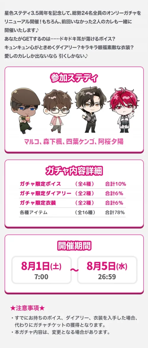 【ガチャお知らせ】3.5 Anniversary記念!帰ってきた!オールステディオンリーガチャ!